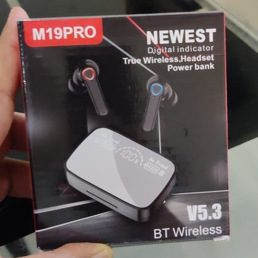 M19 Pro TWS Wireless Earbuds – Bluetooth 5.3 Earphones with LED Display Power Bank Charging Case
