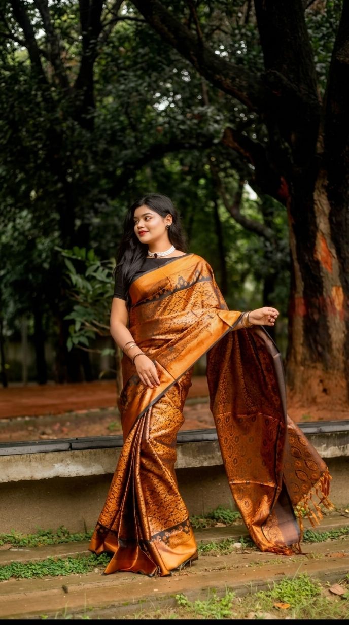 এক্সক্লুসিভ কপার গোল্ড সফট কাতান শাড়ি (ব্লাউজ পিস ফ্রি) – গর্জিয়াস পার্টি কালেকশন